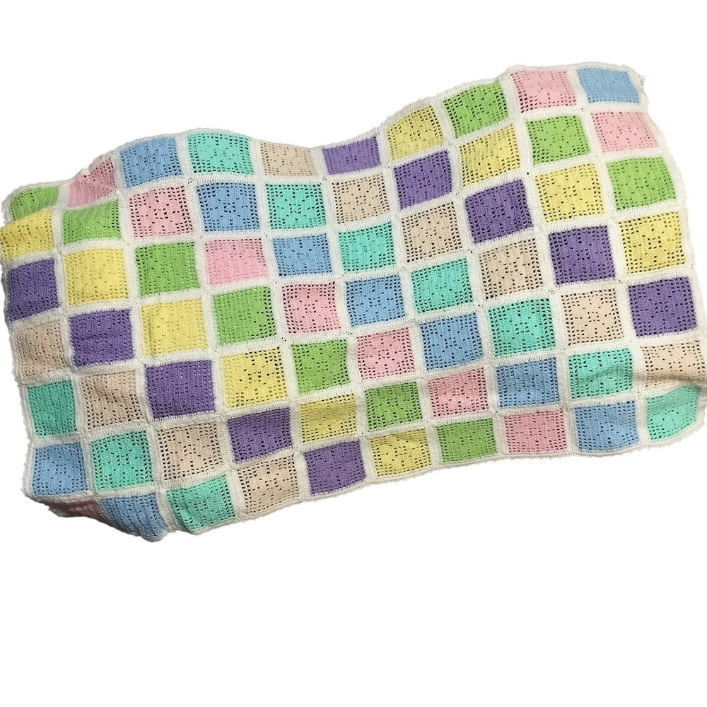 Handmade Crochet Baby Blanket Pastel Patchwork Granny Square Afghan Multicolor